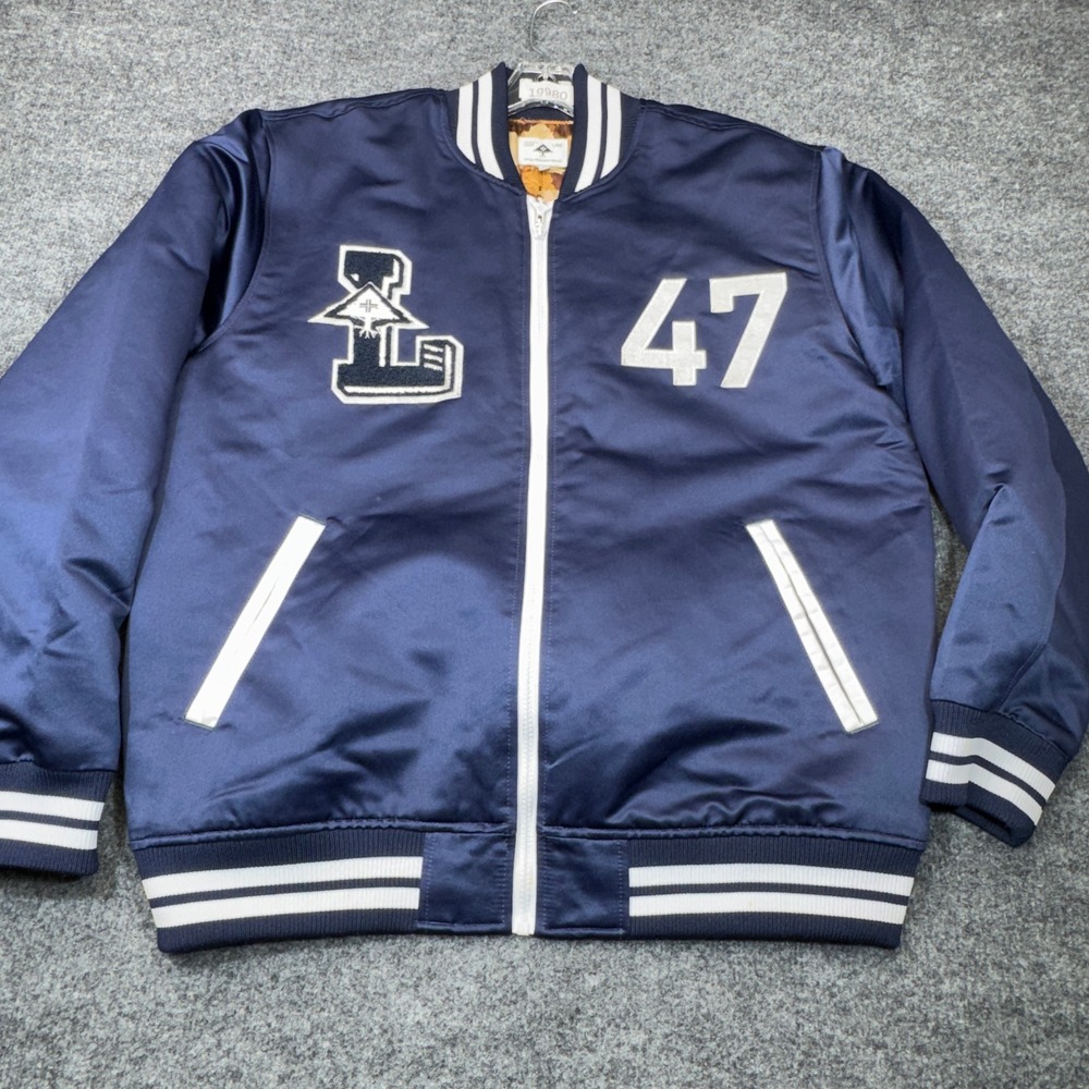 LRG Jacket Mens Large Blue Satin Bomber Varsity Full Zip Tree Camo Streetwear